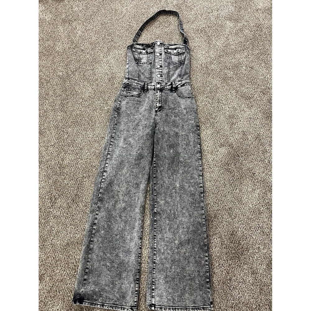 Fashion Nova Stay Around Denim Jumpsuit Womens Medium Black Acid Wash NWT